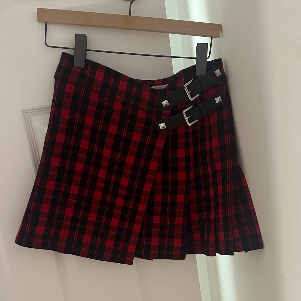 Michael Kors Red Plaid A-Line Skirt with Buckle Accents